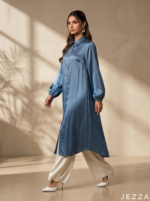 Regal Contrast: Blue & Gold Stripe Midi Top 86434