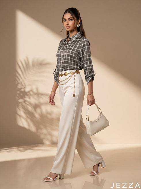 Contemporary Chic: Windowpane Grid Satin Top 82441
