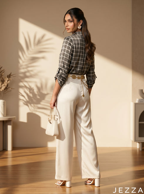 Contemporary Chic: Windowpane Grid Satin Top 82441