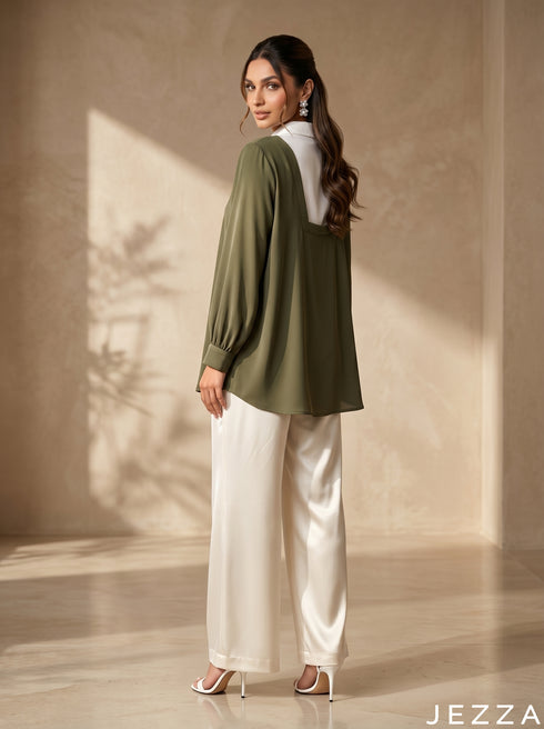 Natural Contrast: White & Olive Green Top 76002