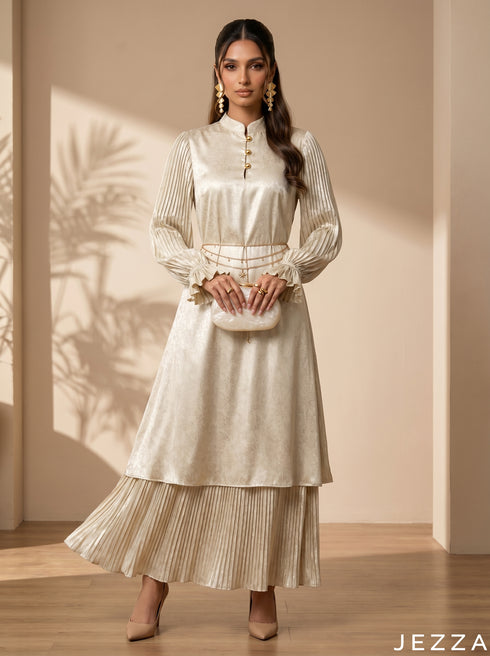 Bloom Cascade: Mandarin Collar Satin Dress 87911