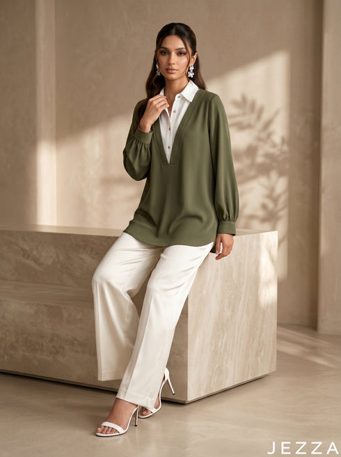 Natural Contrast: White & Olive Green Top 76002