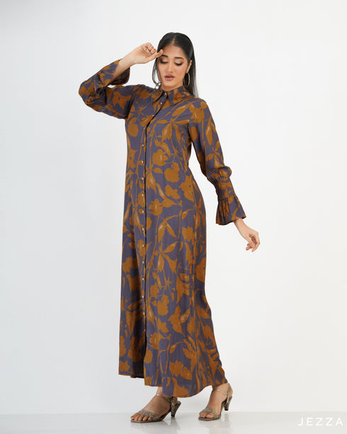 Printed Polyester Button Down A Line Dress 57422