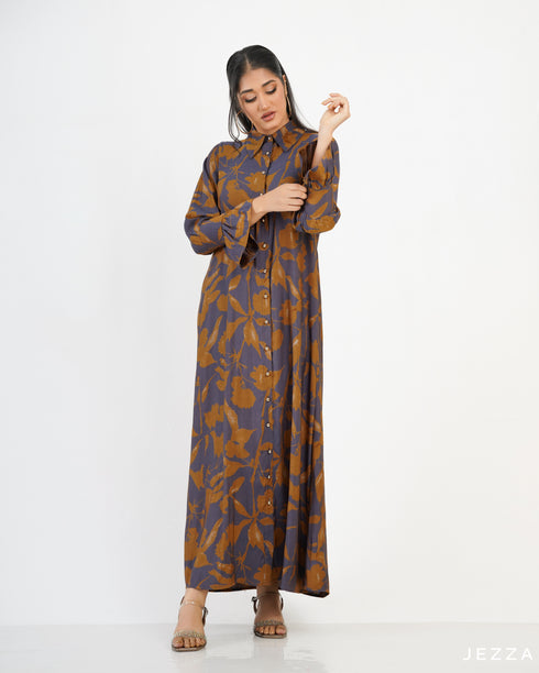 Printed Polyester Button Down A Line Dress 57422