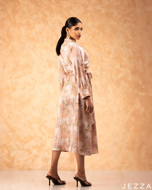 Silken Bloom: Floral Satin Midi Dress 76661