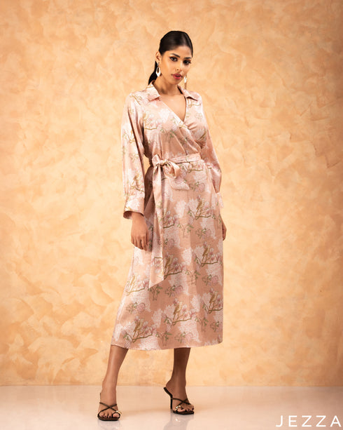 Silken Bloom: Floral Satin Midi Dress 76661