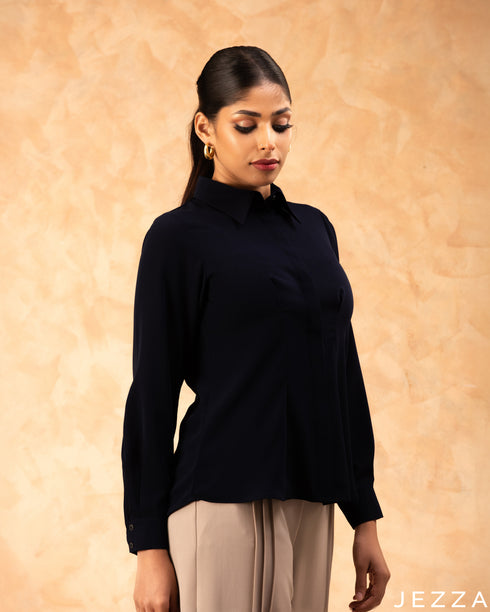 Timeless Elegance: Midnight Blue Formal Blouse 77591