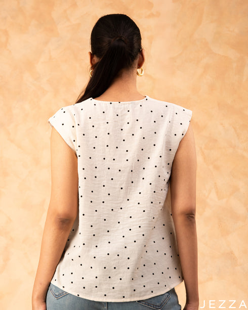 Playful Charm: White & Black Dot Cotton Hip Top 77041