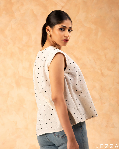 Playful Charm: White & Black Dot Cotton Hip Top 77041