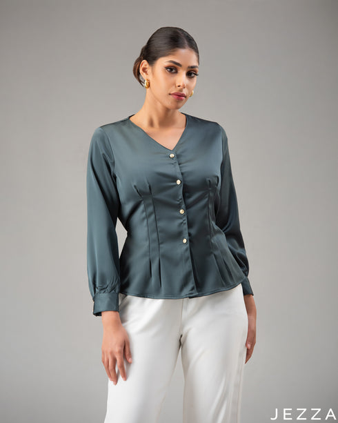 Satin Elegance: Dark Teal V-Neck Top 71502
