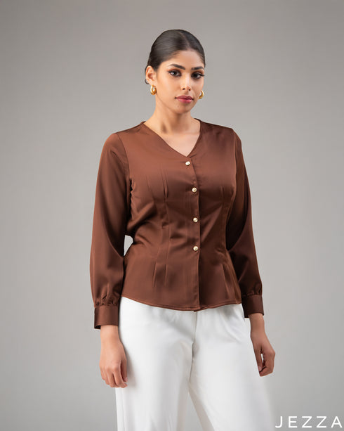 Satin Sophistication: Brown V-Neck Hip Top 71501