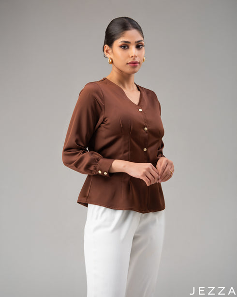 Satin Sophistication: Brown V-Neck Hip Top 71501