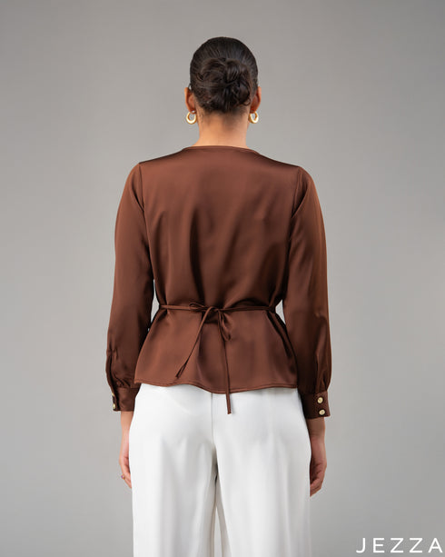 Satin Sophistication: Brown V-Neck Hip Top 71501