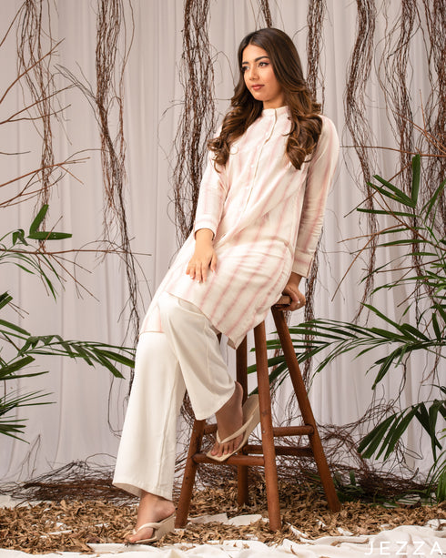 Blush Stripes: Off-White & Pink Mandarin Top 81022