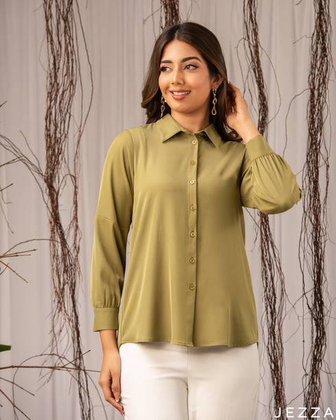 Earthy Elegance: Dark Moss Green Collared Hip Top 72401