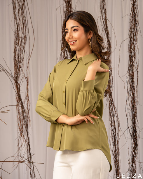 Earthy Elegance: Dark Moss Green Collared Hip Top 72401