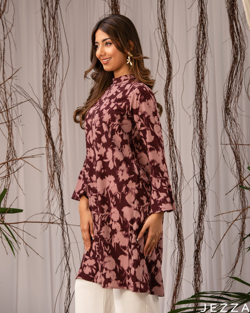 Floral Grace: Mandarin Collar Knee Top 75361