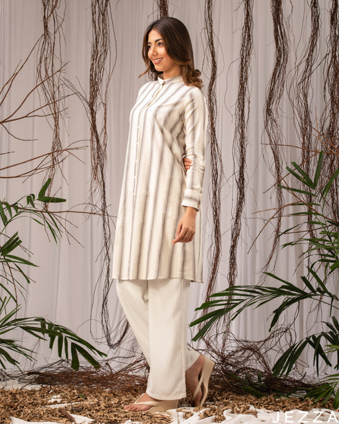 Earthy Stripes: Off-White & Brown Mandarin Top 81023