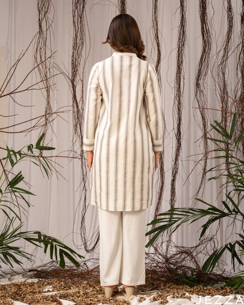 Earthy Stripes: Off-White & Brown Mandarin Top 81023