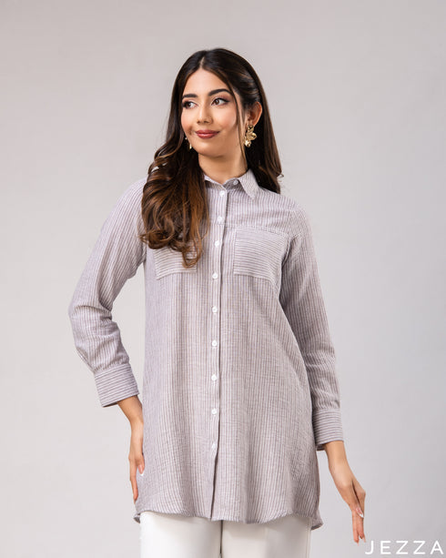 Striped Charm: Collared Below-Hip Top 76011