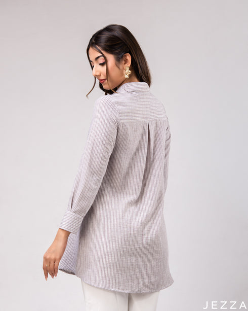 Striped Charm: Collared Below-Hip Top 76011