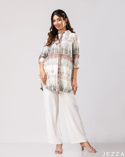 Artful Harmony: Patchwork Collared Below-Hip Top 77741