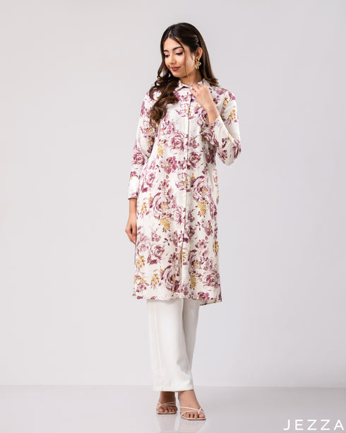 Floral Grace: Collared Below-Knee Top 76741