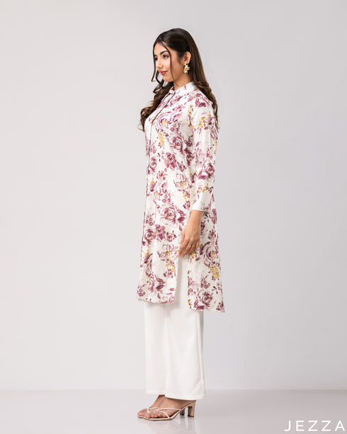 Floral Grace: Collared Below-Knee Top 76741