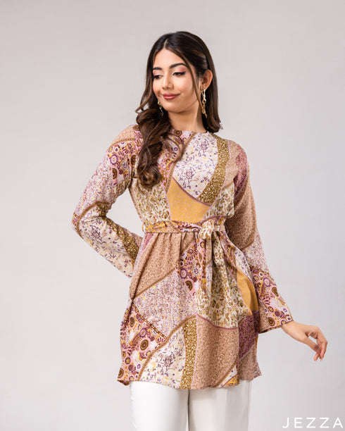 Artful Ease: Patchwork Round-Neck Below-Hip Top 72631