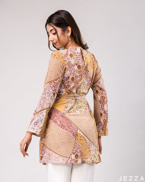 Artful Ease: Patchwork Round-Neck Below-Hip Top 72631