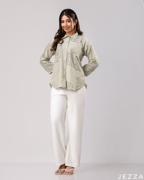 Graphic Ease: Light Green & Black Collared Hip Top 72411