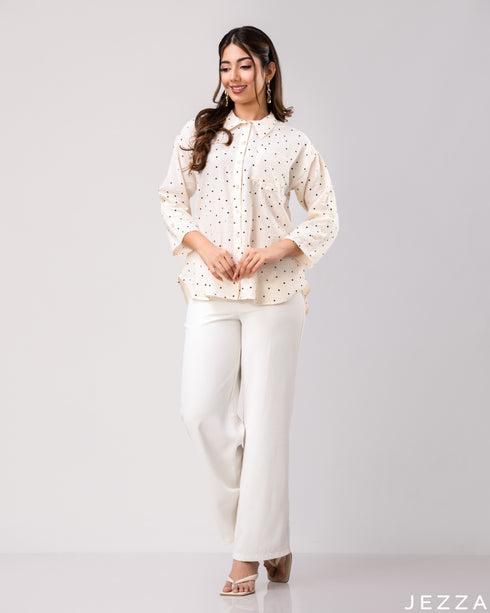 Polka Charm: Black & White Collared Hip Top 79231