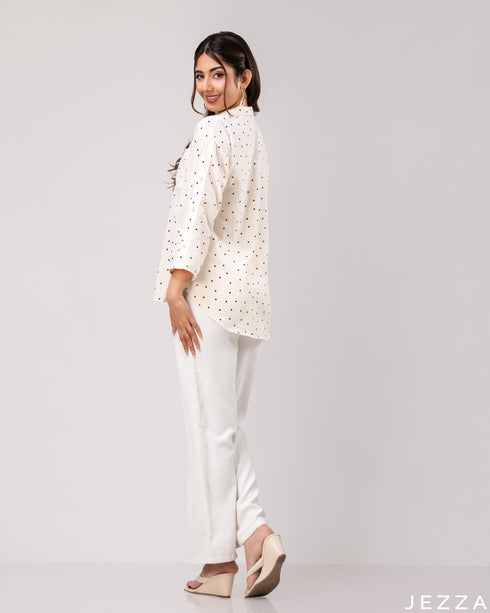 Polka Charm: Black & White Collared Hip Top 79231