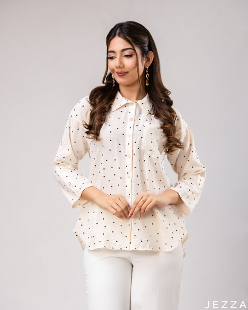 Polka Charm: Black & White Collared Hip Top 79231