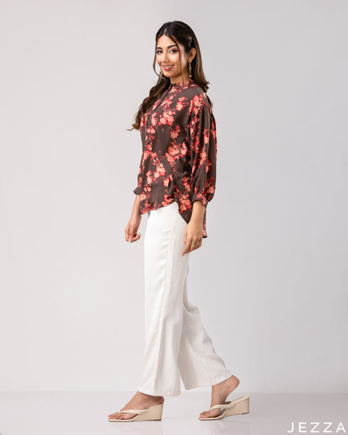 Floral Poise: Mandarin Collar Hip Top 79311