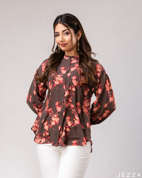 Floral Poise: Mandarin Collar Hip Top 79311