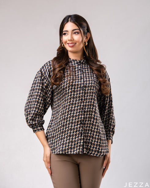 Floral Poise: Mandarin Collar Hip Top 77511