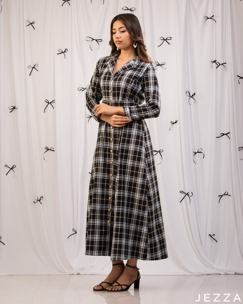 Tailored Charm: Plaid Lapel Ankle Dress 78211