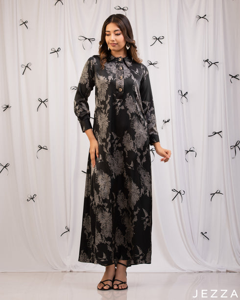 Floral Ease: Satin Hoodie A-Line Dress 79341