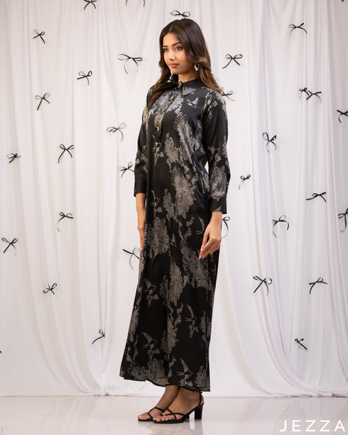 Floral Ease: Satin Hoodie A-Line Dress 79341