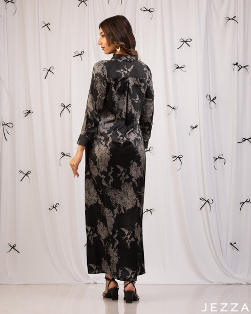 Floral Ease: Satin Hoodie A-Line Dress 79341