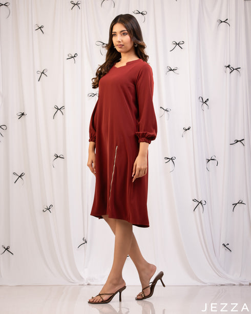 Warm Elegance: Brick Red Mandarin Below-Knee Top 76792