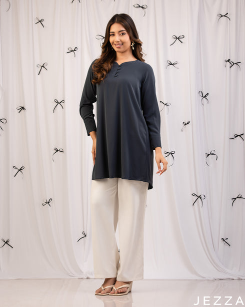 Sleek Comfort: Dark Cyan V-Neck Below-Hip Top 76811