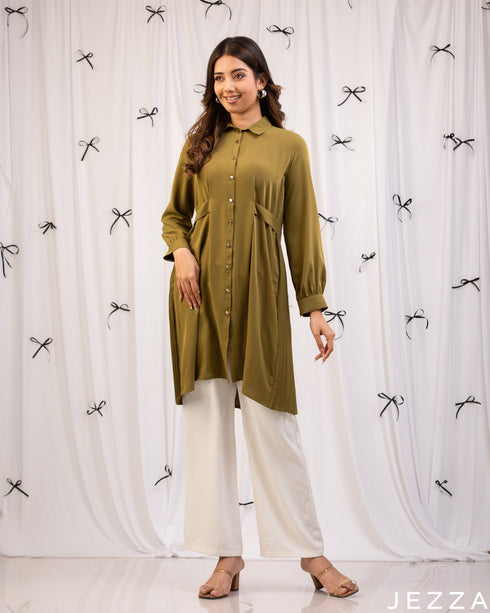 Earthy Charm: Olive Green Collared Below-Hip Top 77251