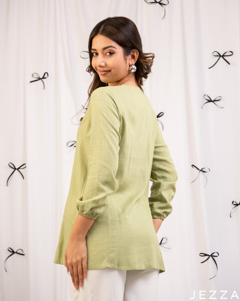 Fresh Ease: Celadon Green Round-Neck Below-Hip Top 71271