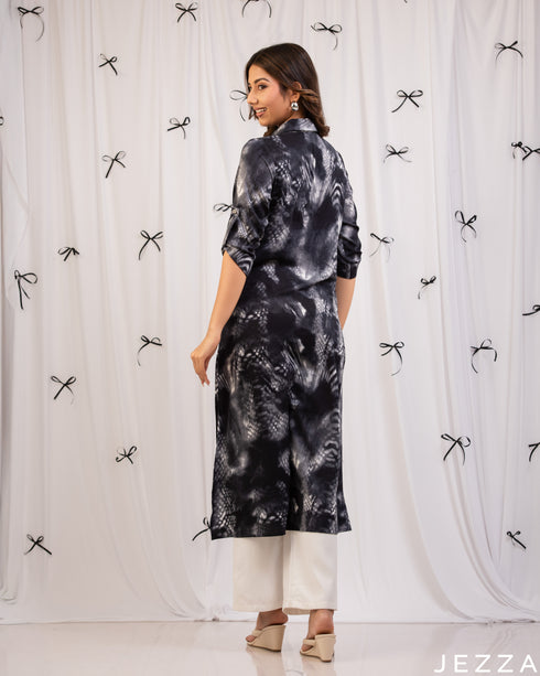 Artful Flow: Abstract Print Collared Midi Top 81551