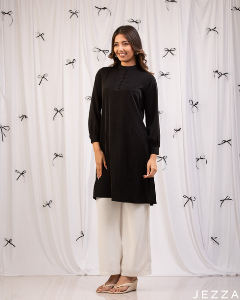 Classic Poise: Black Mandarin Knee Top 76102