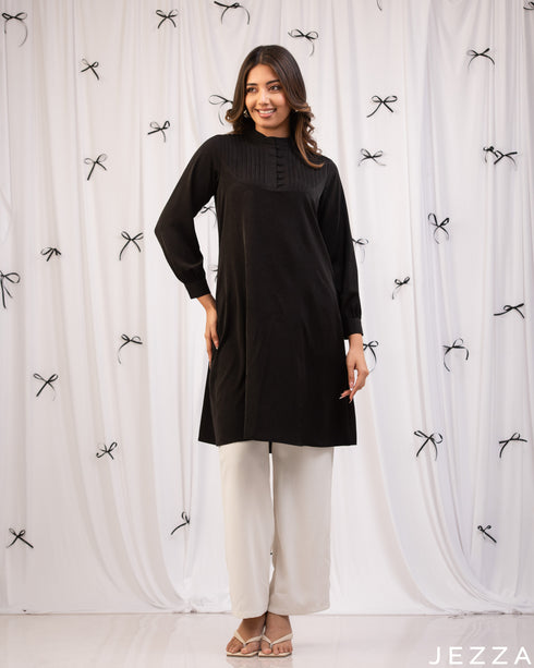 Classic Poise: Black Mandarin Knee Top 76102