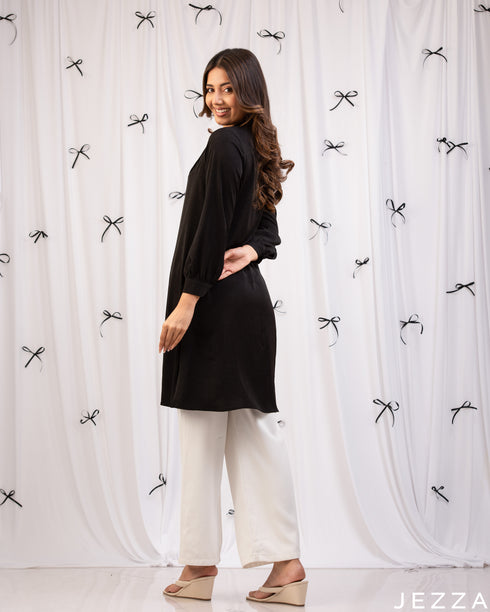 Classic Poise: Black Mandarin Knee Top 76102