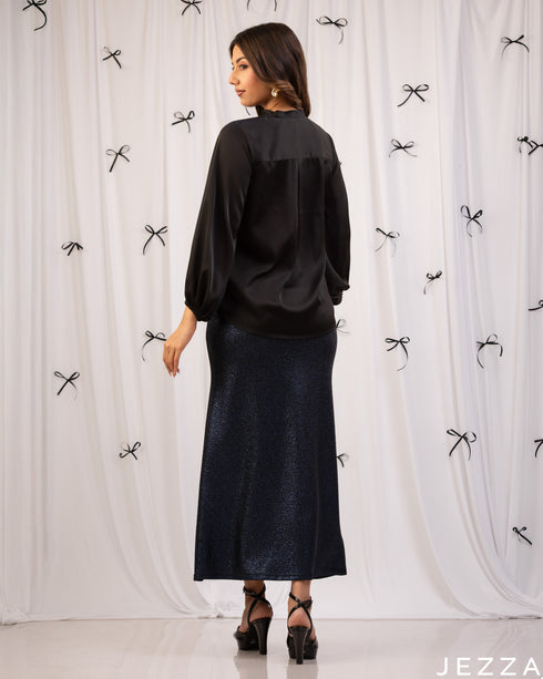 Glamour Duo: Black & Dark Blue Satin Sequin Set 77051/72541